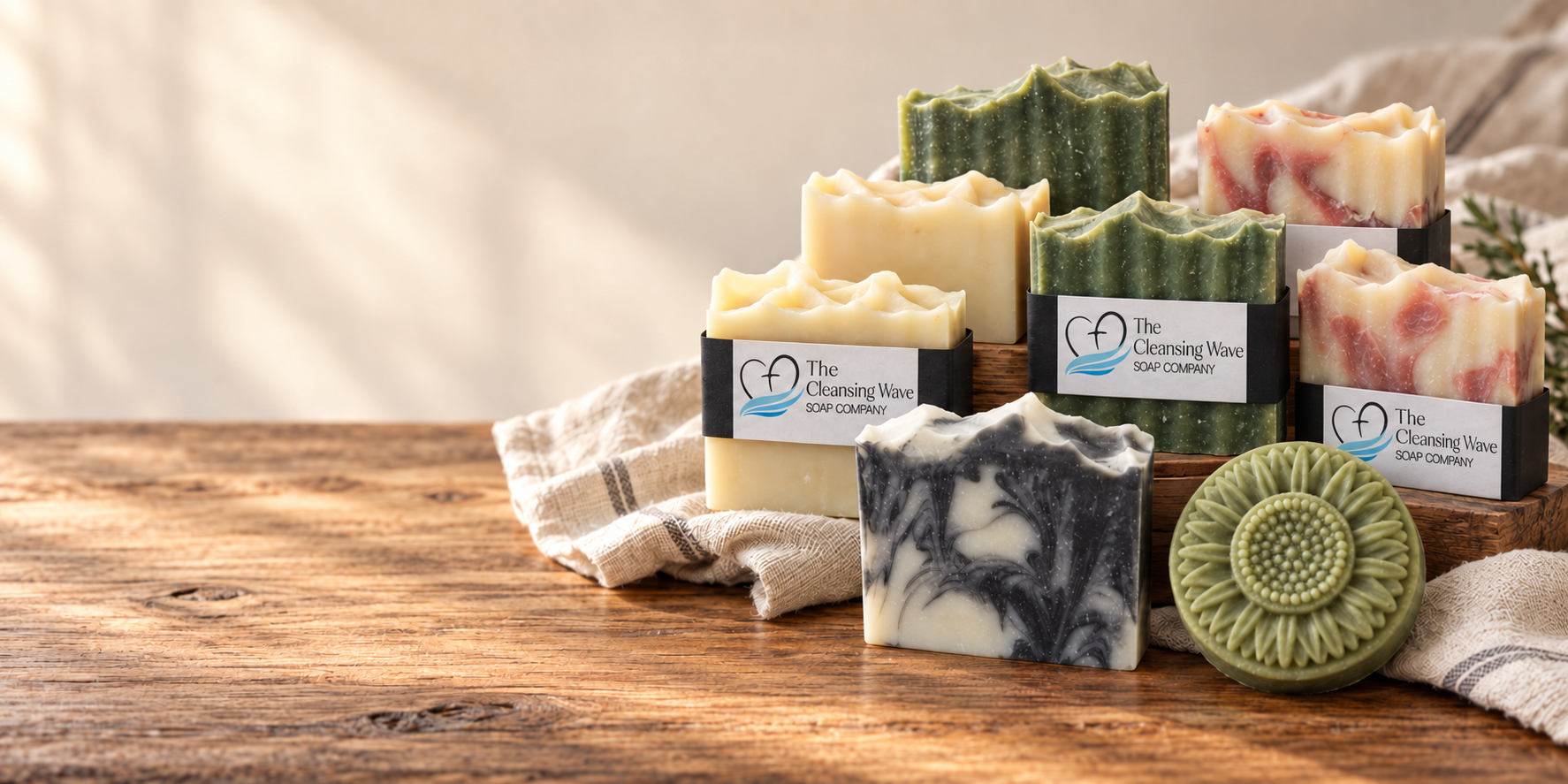 A collection of handcrafted Cleansing Wave soaps